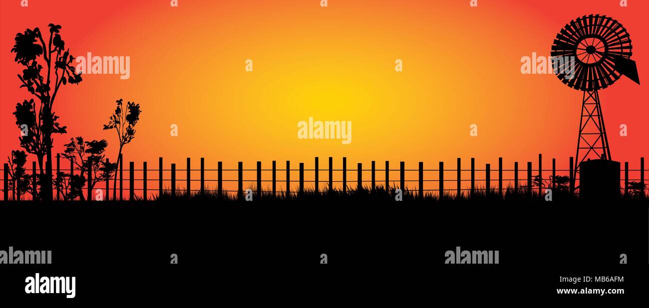 Silhouette d'éolienne dans l'outback de couleurs orange sunset Illustration de Vecteur
