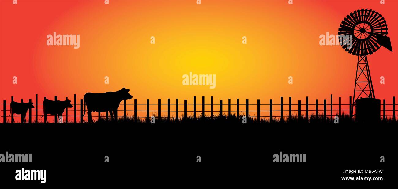 Moulin à vent dans l'outback avec trois vaches qui viennent pour boire un verre le soir Illustration de Vecteur