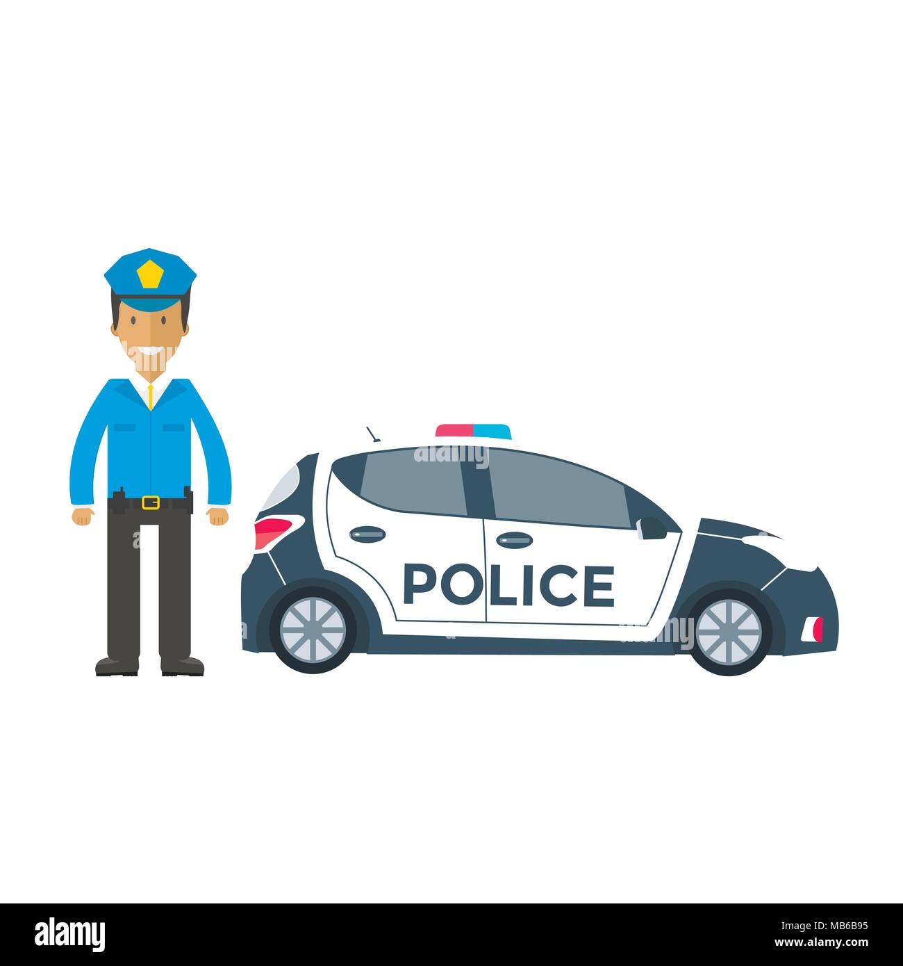 Voiture de police vectorielle vue latérale et l'agent isolé sur blanc ...