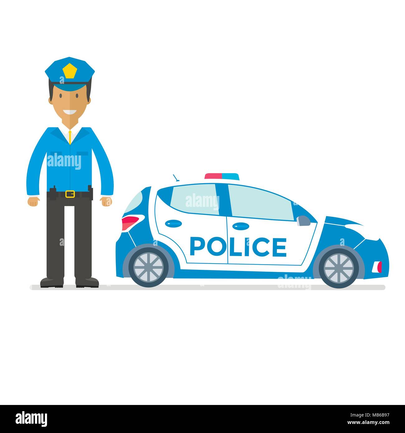 Voiture de police vectorielle vue latérale et l'agent isolé sur blanc ...