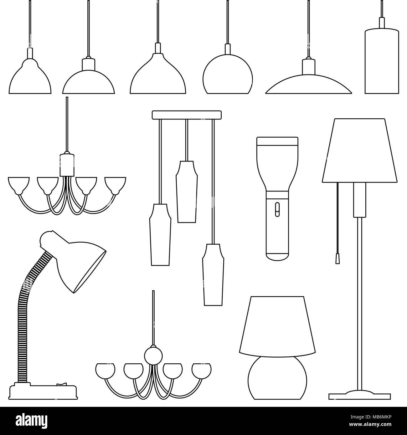 Différents types de lampes, ensemble. Lustres, lampes, ampoules, lampe de table, lampe, lampe de plancher - éléments d'intérieur moderne. Illustration de l'art en ligne Illustration de Vecteur
