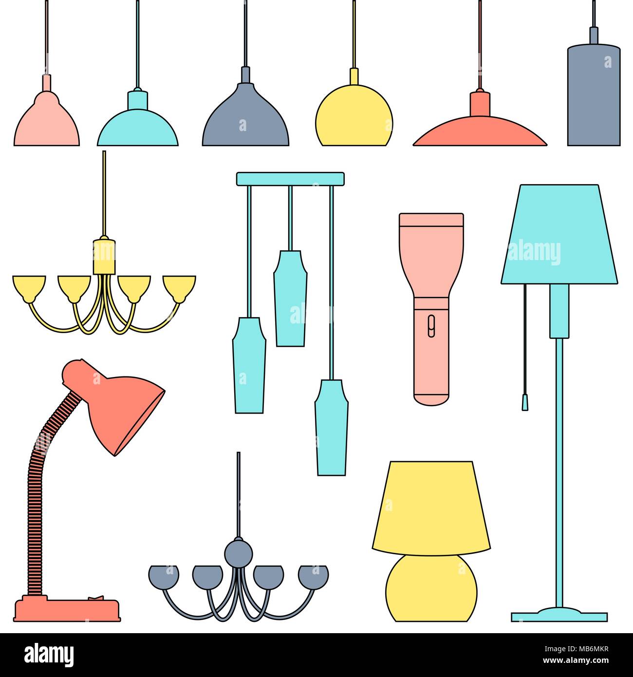 Différents types de lampes, ensemble. Lustres, lampes, ampoules, lampe de table, lampe, lampe de plancher - éléments d'intérieur moderne. Illustration de l'art en ligne Illustration de Vecteur