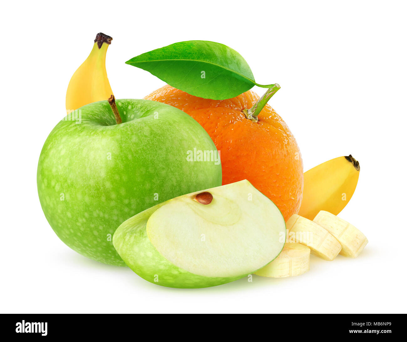 Fruits isolés. Pomme verte, orange et banane isolé sur fond blanc avec clipping path Banque D'Images