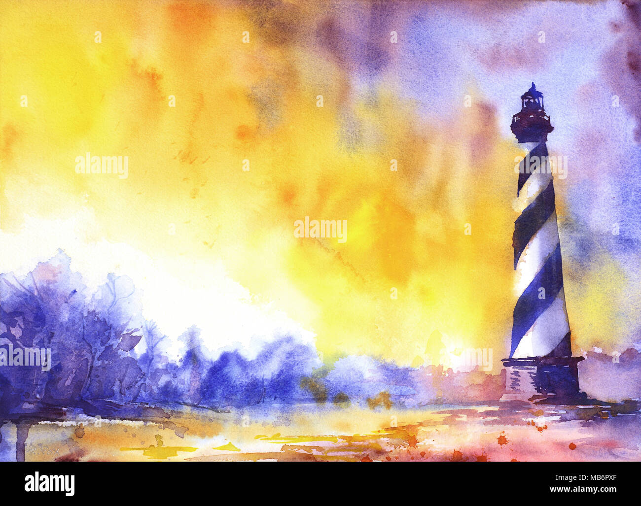 Fine art de l'aquarelle de Cape Hatteras lighthouse- Outer Banks, Caroline du Nord. Banque D'Images