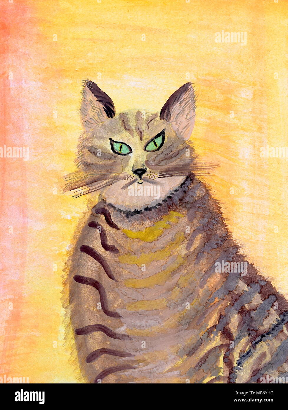 Chat avec des yeux vert aquarelle dessin Banque D'Images