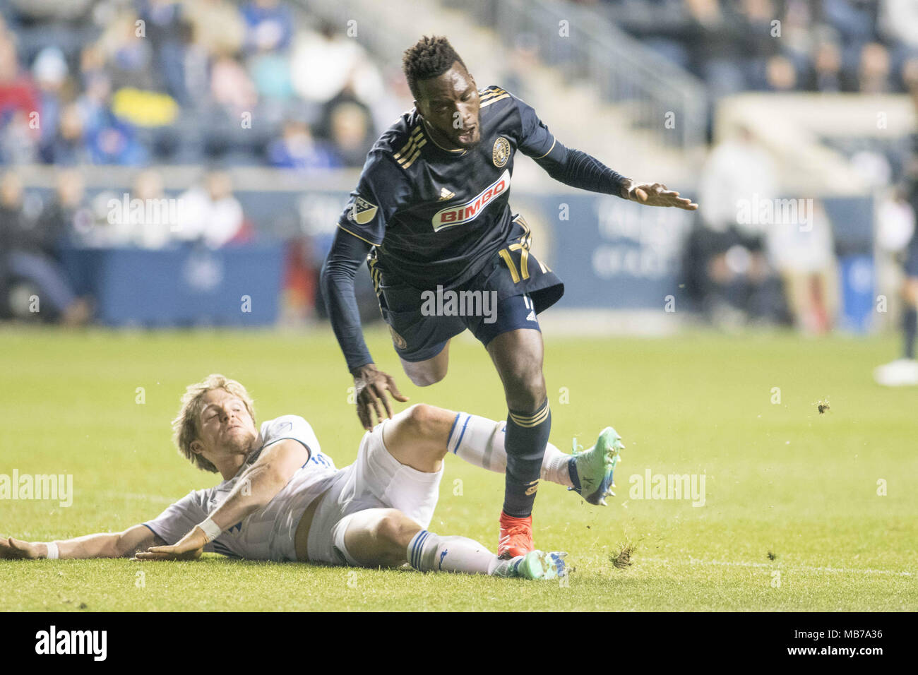 Chester, Pennsylvanie, USA. Apr 7, 2018. L'Union européenne (17) CJ SAPONG rivalise pour la balle contre San Jose, au stade de l'énergie Talen Chester Ohio Crédit : Ricky Fitchett/ZUMA/Alamy Fil Live News Banque D'Images