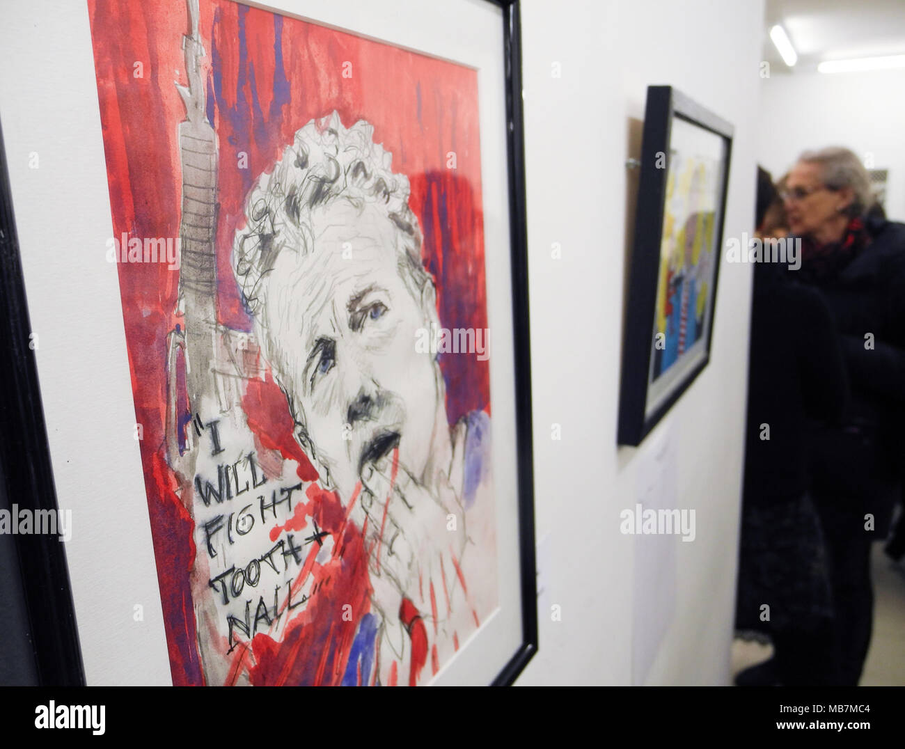 07 avril 2018, nous, New York : un portrait du sénateur américain Paul Rand par artiste Josephine Bloodgood suspendu à la vente aux enchères d'art 'Acheter' un sénateur dans le meilleur monde Gallery. L'enchère est contre la force des armes. Photo : Johannes Schmitt-Tegge/dpa Banque D'Images