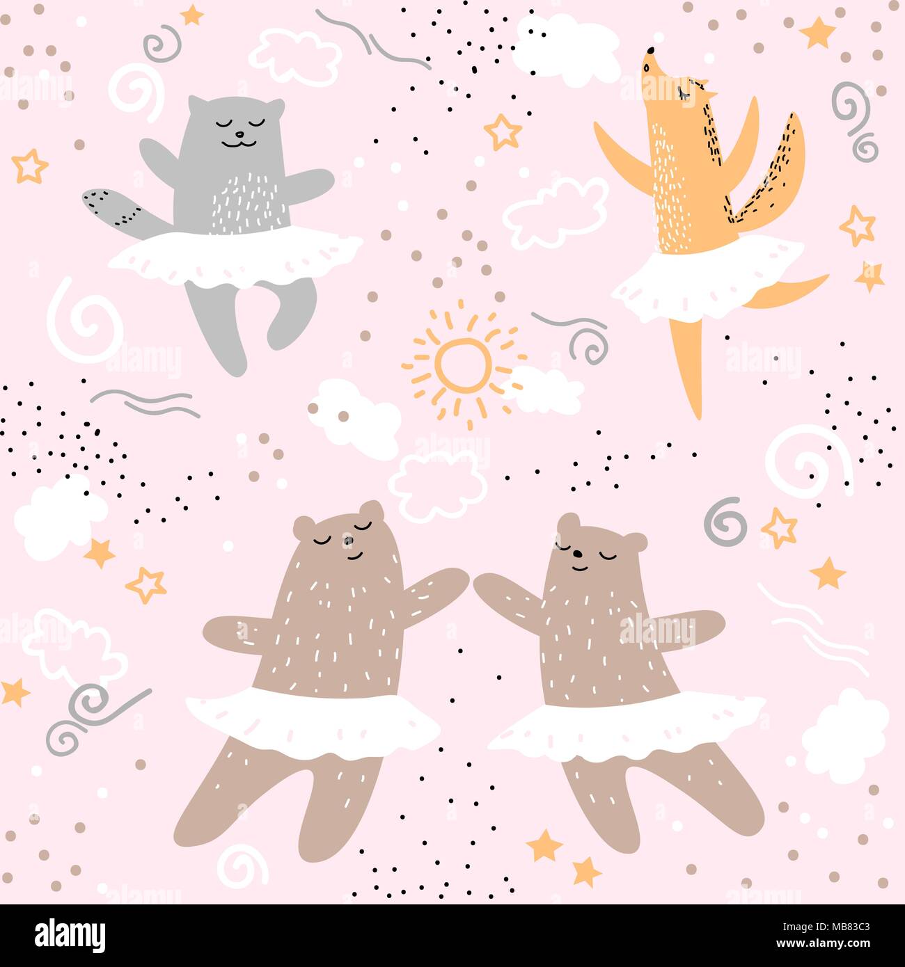 Les animaux de la danse ballet modèle homogène. Cute cartoon nature sauvage enfants kids bear cat fox dessin ballerine rose de caractères d'impression textile de l'élément de conception. Doodle vecteur illustration Illustration de Vecteur