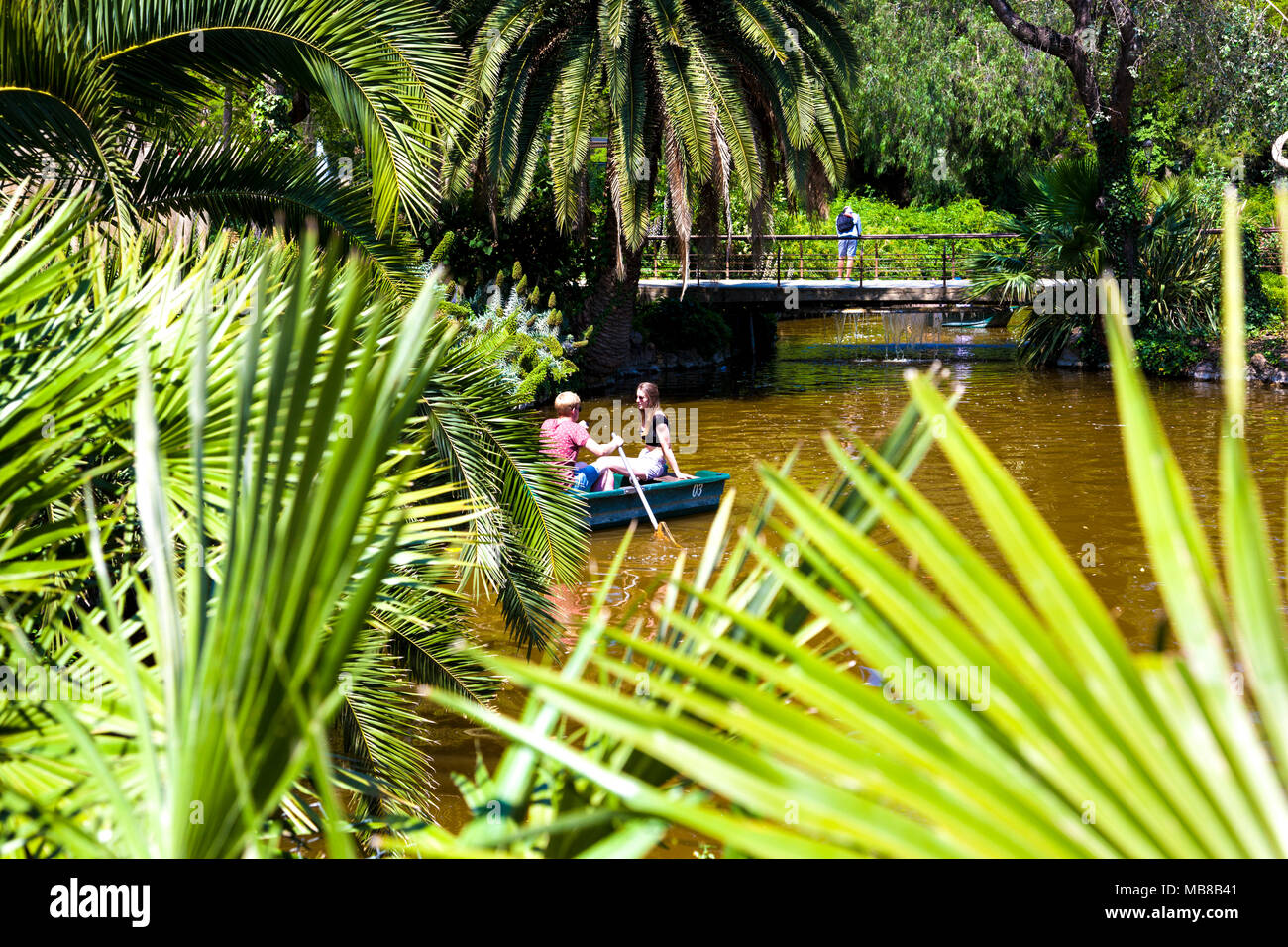 Un couple l'aviron dans un bateau sur un lac dans le Parc de la Ciutadella, Barcelone, Espagne Banque D'Images