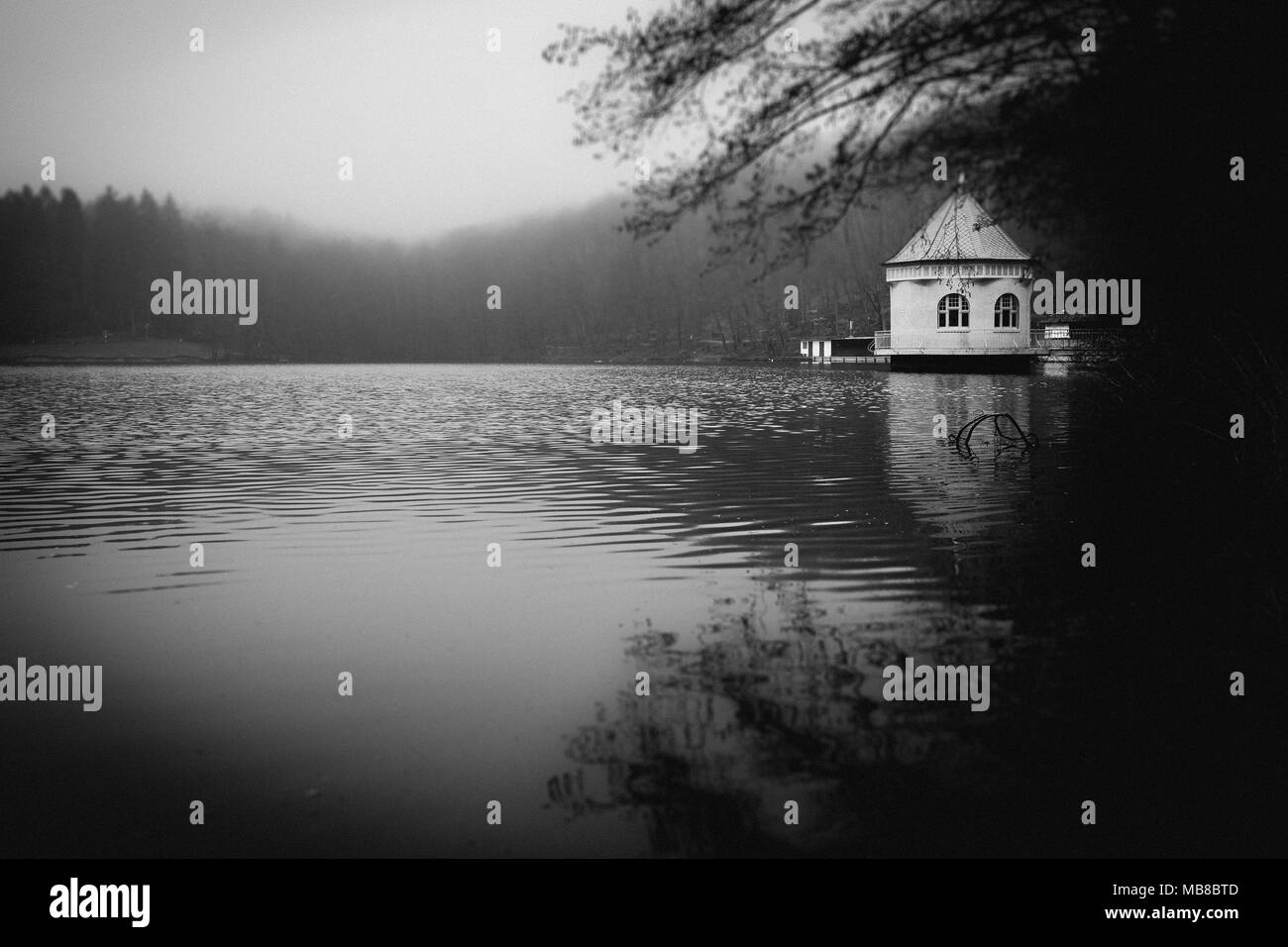 Maison de la pompe dans le Itzenplitzer Weiher à Heiligenwald dans le village Schiffweiler Banque D'Images