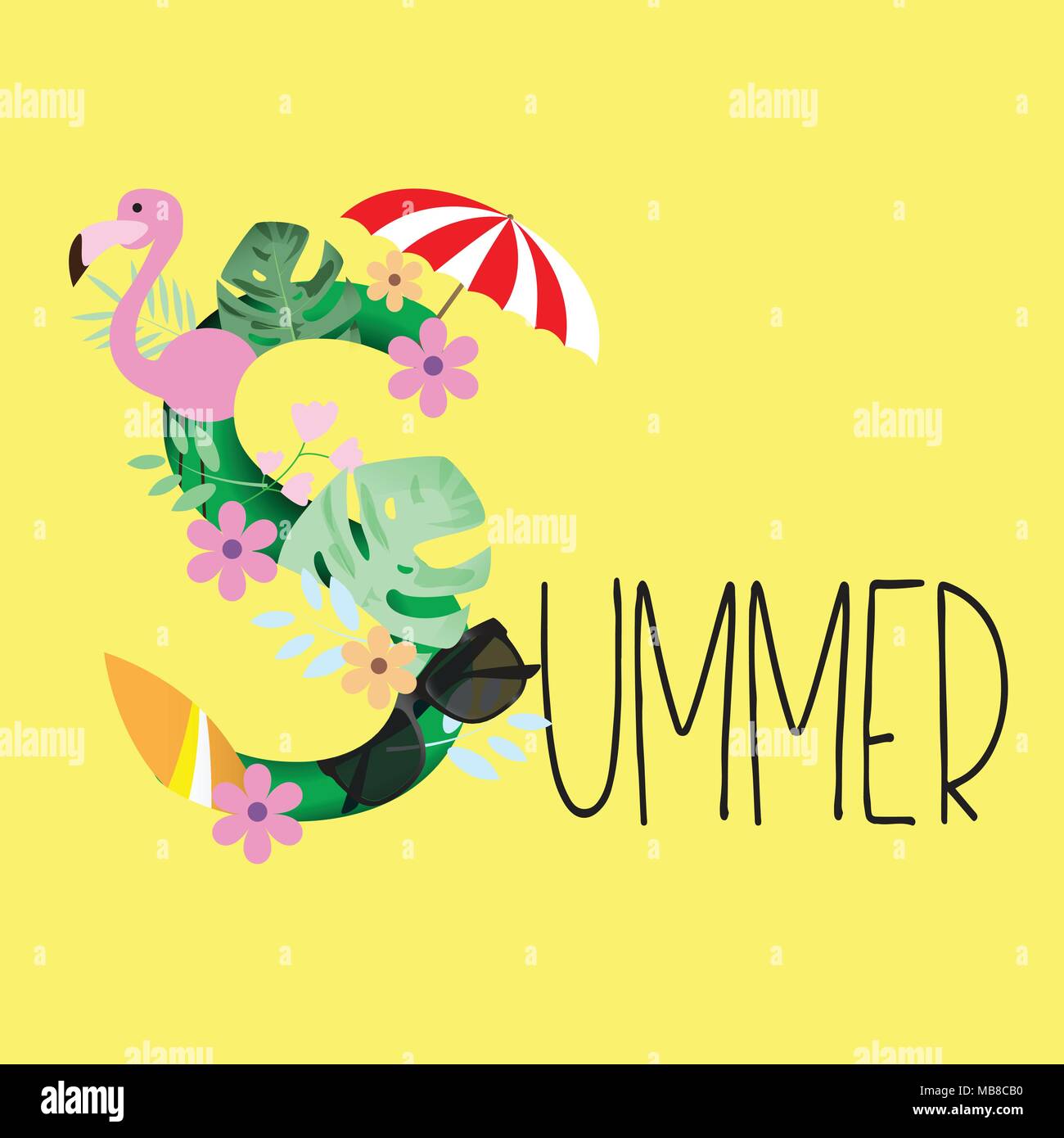 Fond d'été avec des oiseaux tropicaux flamingo, feuilles, fleurs et matériel de plage. Vector illustration. Illustration de Vecteur