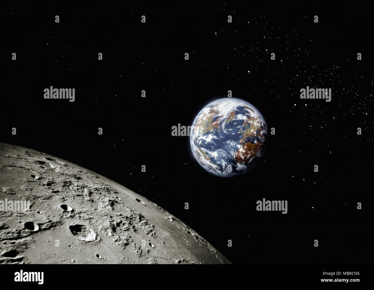 Planète Terre de l'espace de la surface de la lune en premier plan, en Amérique du Nord et de l'Europe visible Banque D'Images