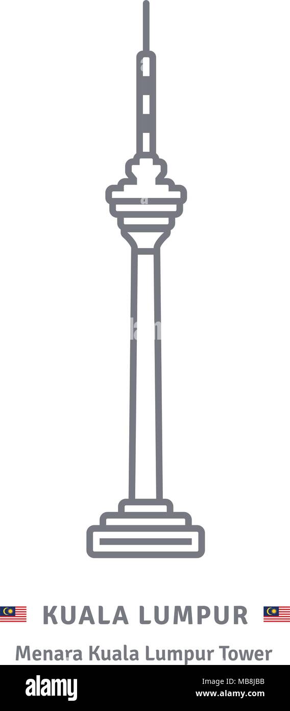 L'icône de la ligne de la Malaisie. Menara Kuala Lumpur Tower et drapeau malaisien illustration vectorielle. Illustration de Vecteur