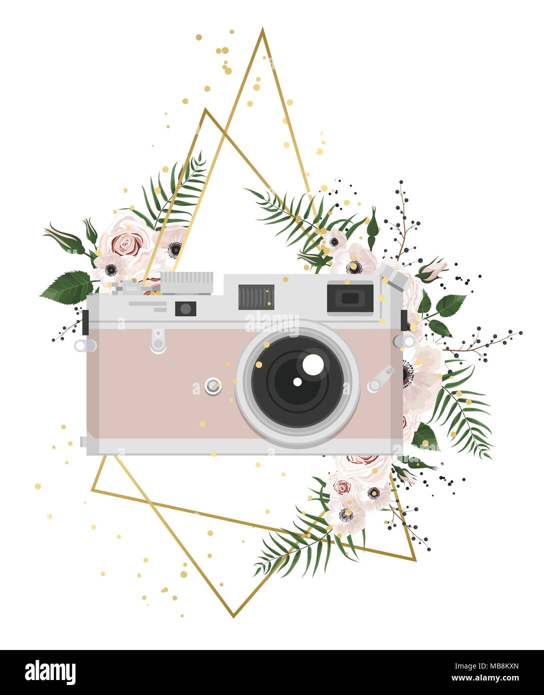 Vintage Retro photo caméra dans les fleurs, feuilles, branches sur fond blanc. Illustration de Vecteur