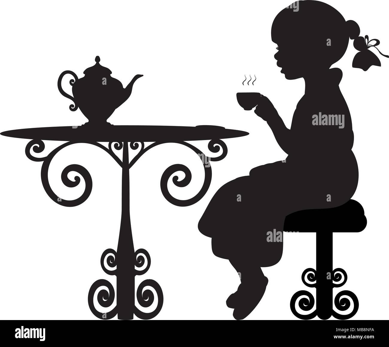 Silhouette fille boire du thé à table Illustration de Vecteur