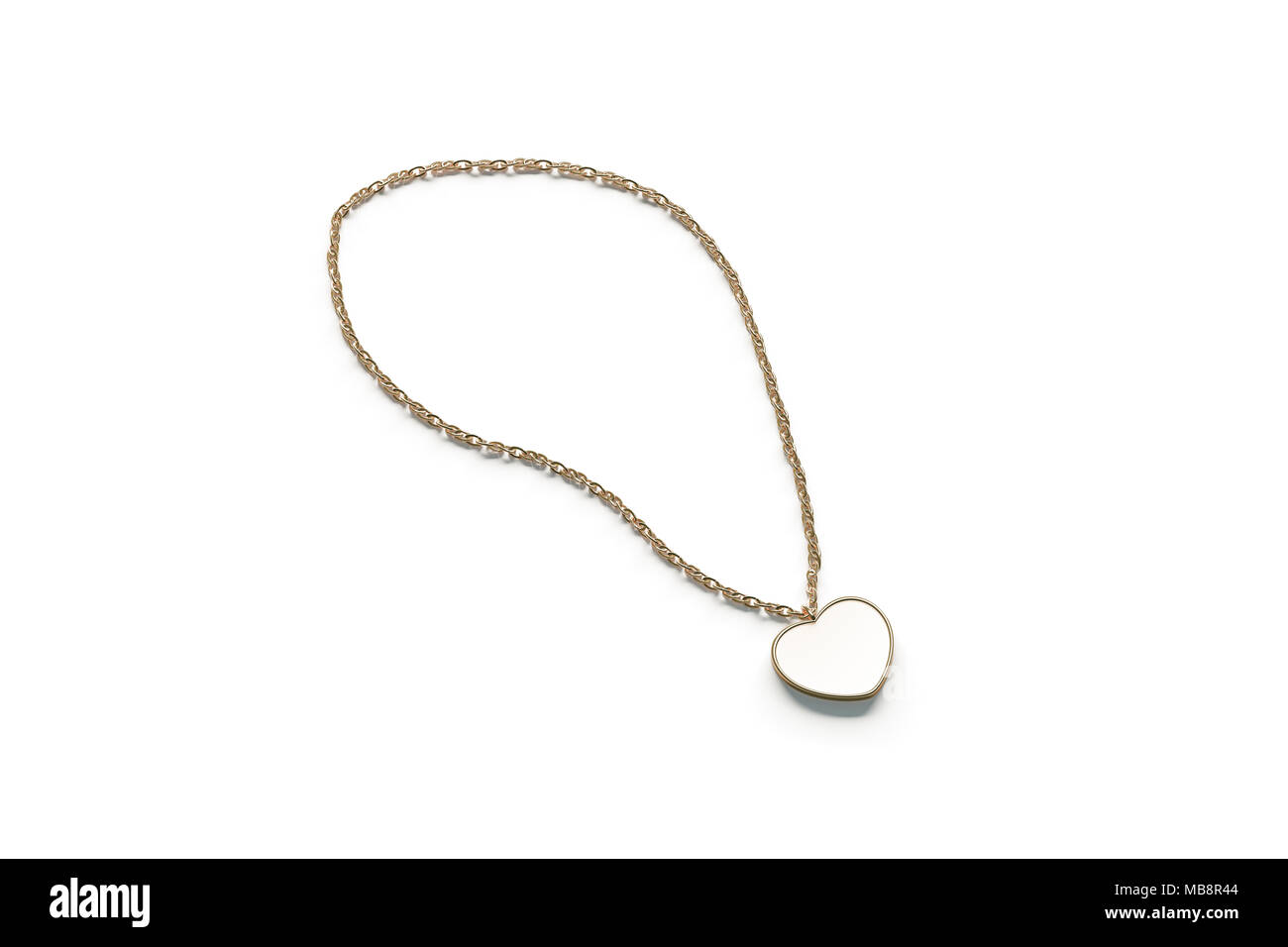 Pendentif Coeur en or blanc et vide, isolé la maquette de rendu 3D Vue de côté. Pendentif or vide sur la maquette, la chaîne d'amour symbole. Étiquette en métal clair. Banque D'Images