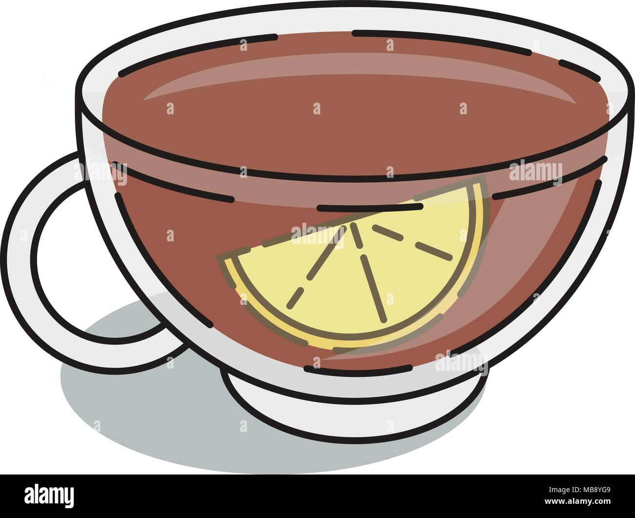 L'icône de la ligne fine de la combustion de tasse de thé noir avec rondelle de citron Illustration de Vecteur