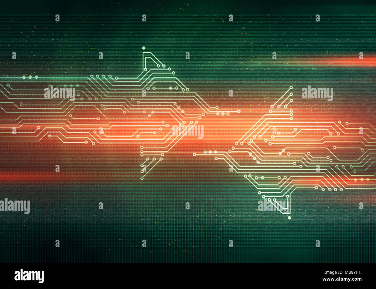 Résumé de l'illustration numérique sur carte à puce deux forme flèche déménagement en face de l'autre sur fond vert. Technologie concept de droit. Glitched Banque D'Images