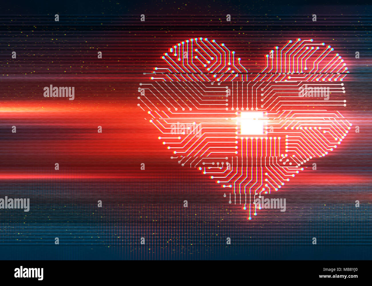 Abstract illustration de l'écran d'affichage déformé. Processeur cpu en forme de coeur. Contexte L'effet glitch. La technologie conceptuelle carte de vœux. Banque D'Images