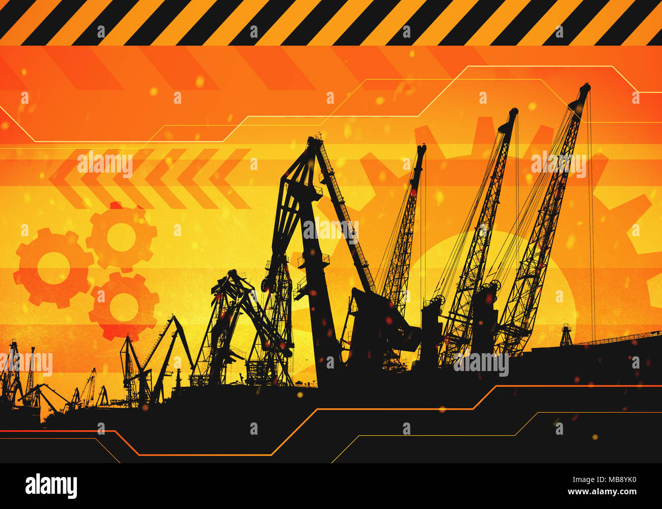 Industrielle 2d illustration de fond en construction avec grue de construction. Ruban d'avertissement attention. Banque D'Images Industrielle 2d illustration de fond en construction avec grue de construction. Ruban d'avertissement attention. Banque D'Images