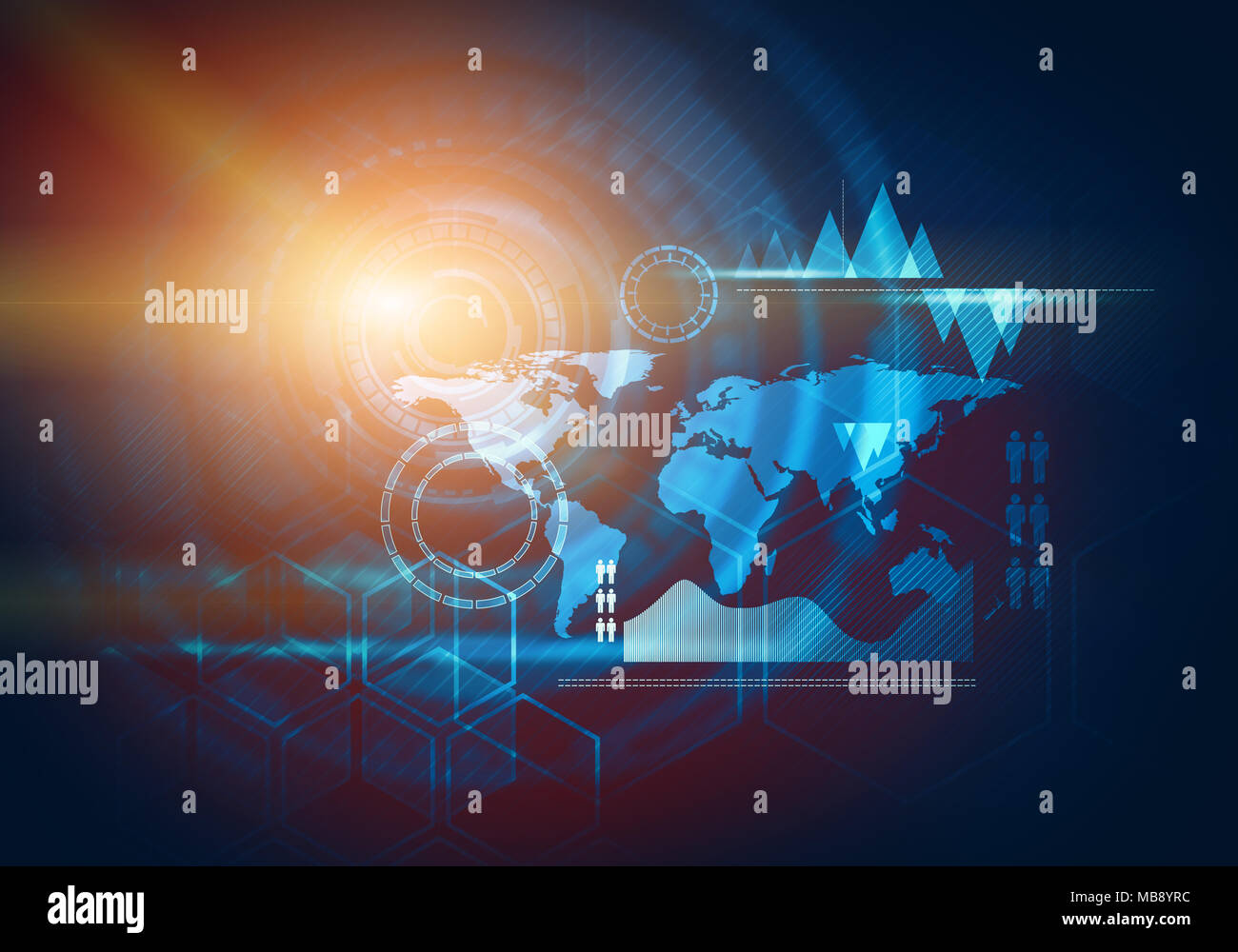 Résumé L'avenir, la technologie de l'entreprise concept virtuel bleu futuriste de l'interface utilisateur graphique d'écran tactile avec HUD lumière orange flare. Banque D'Images