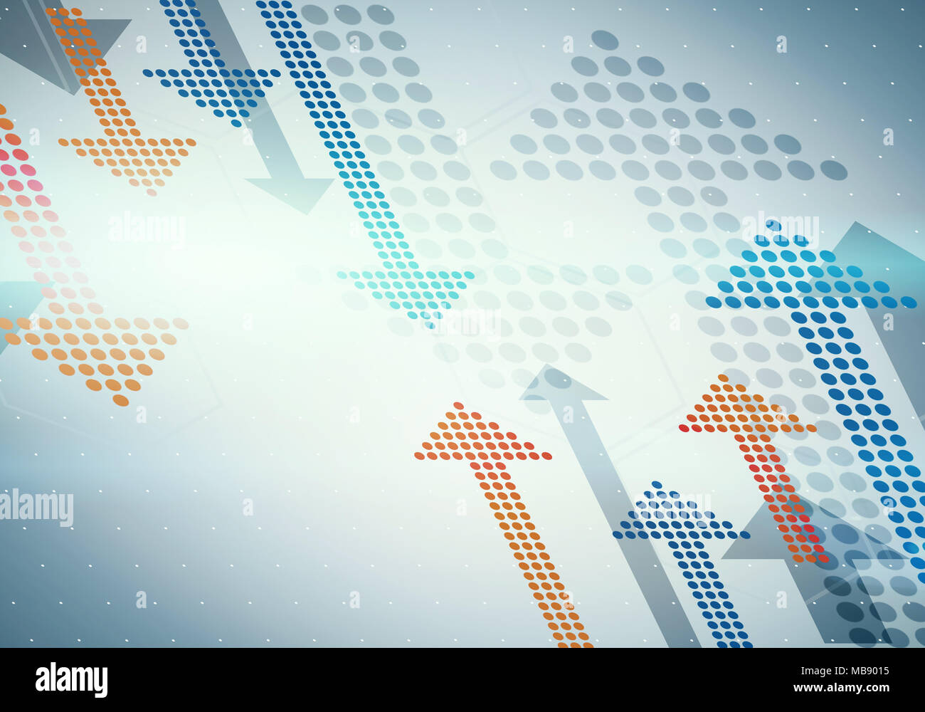 Fond incliné 2d avec deux groupes de flèches jaunes et bleu dottes déménagement en face de l'autre. Illustration conceptuelle pour affaires, finances mark Banque D'Images