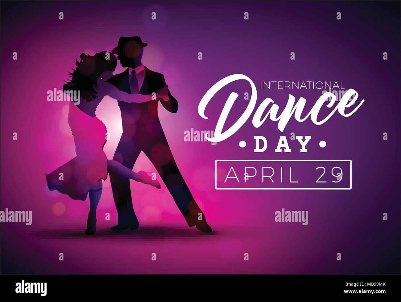 Illustration Vecteur de la Journée internationale de la danse tango avec couple dansant sur fond violet. Modèle de conception de bannière, flyer, invitation, brochure, affiche ou d'une carte de vœux. Illustration de Vecteur