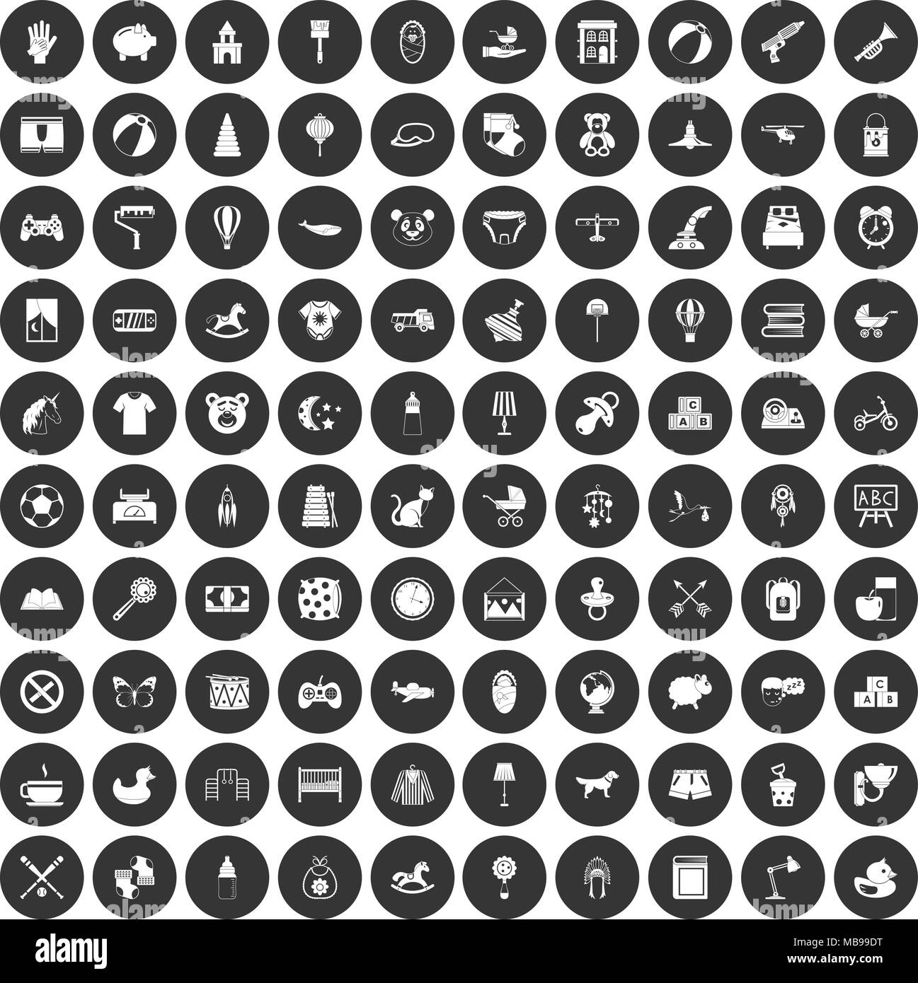 Pépinière 100 icons set cercle noir Illustration de Vecteur