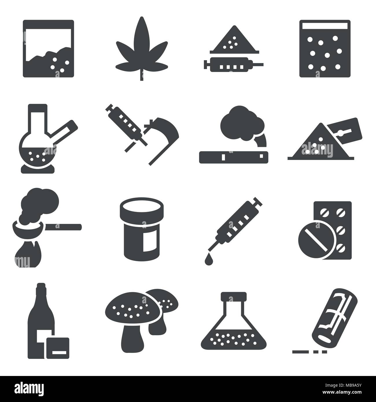 Les drogues, la toxicomanie, vecteur de la marijuana, seringue icons set sur fond blanc Illustration de Vecteur