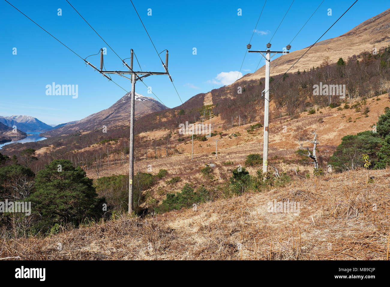 Ecosse highlands, ligne haute tension pole Banque D'Images