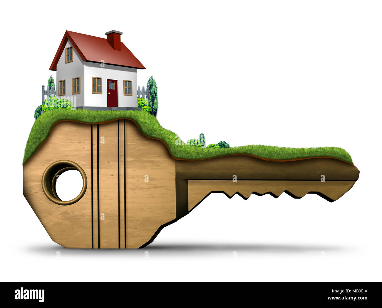 Immobilier maison familiale clé symbole et concept de sécurité de la chambre en tant que 3D illustration sur un fond blanc. Banque D'Images