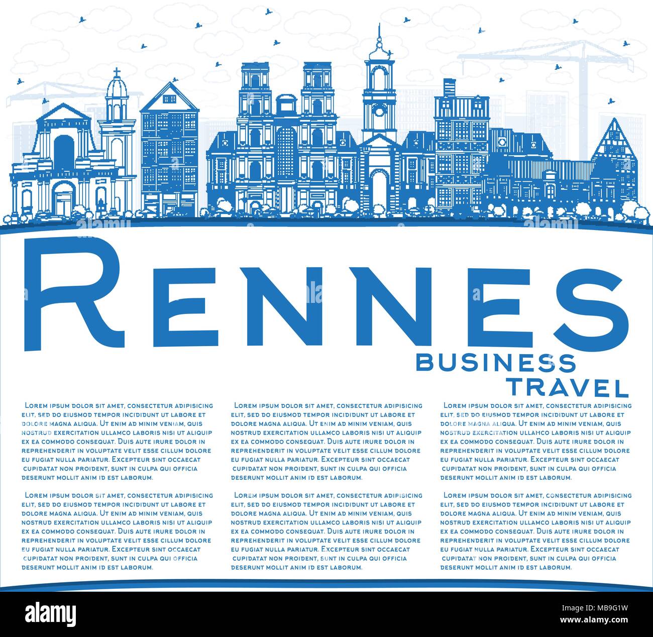 Contours Rennes France bleu horizon de la ville avec les bâtiments et l'espace de copie. Vector Illustration. Les voyages d'affaires et tourisme Concept Illustration de Vecteur