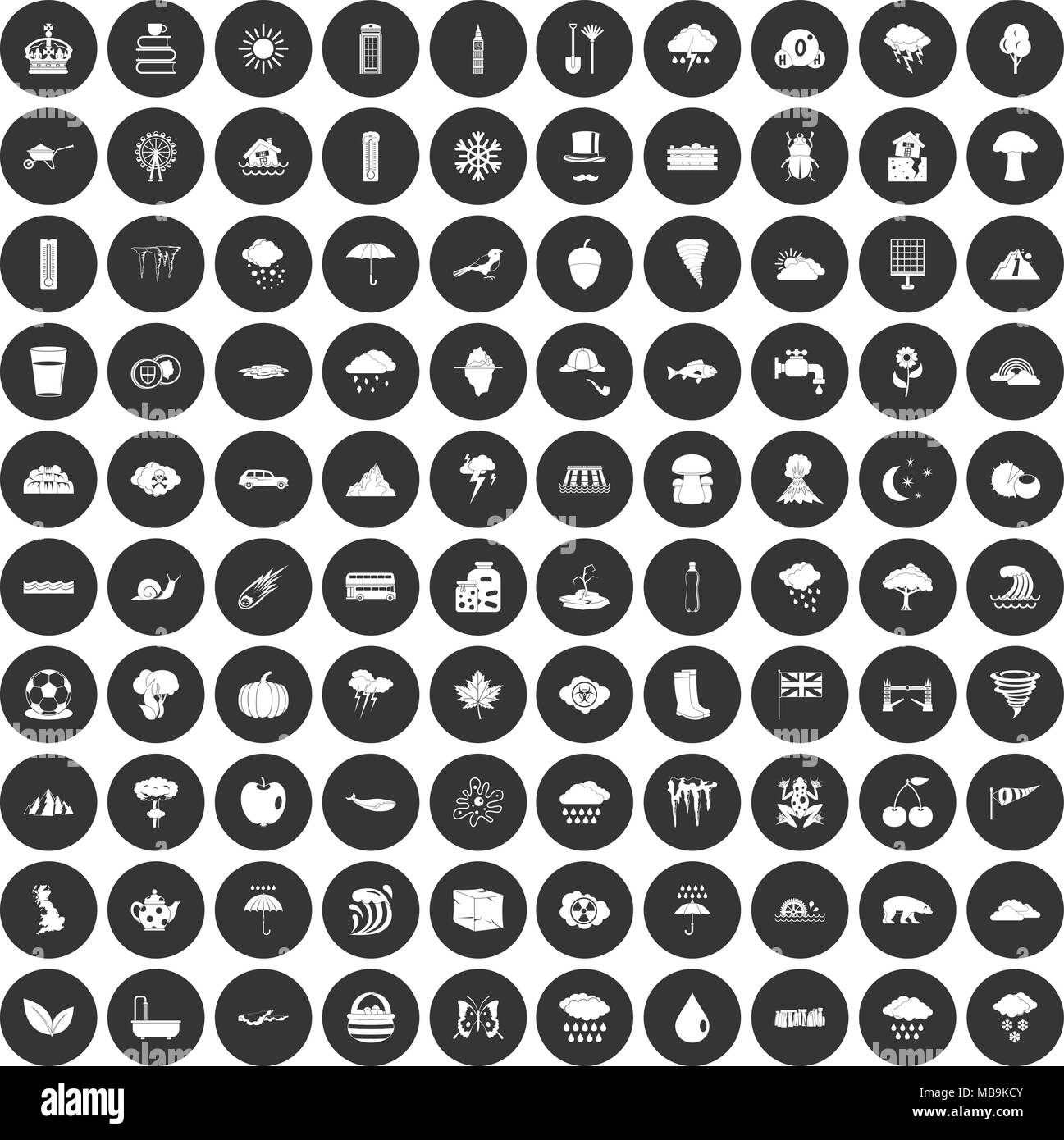 La pluie 100 icons set cercle noir Illustration de Vecteur