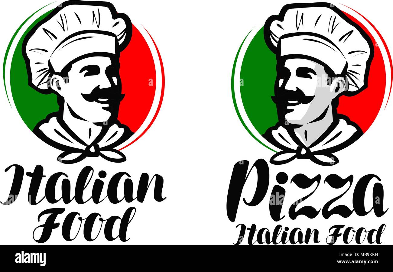 Cook, chef d'un logo. La cuisine italienne, la pizza d'un symbole ou d'étiquette. Vector illustration design typographique Illustration de Vecteur