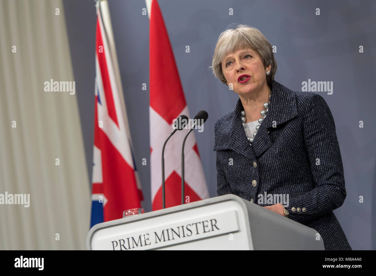 Copenhague, Danemark, le lundi 9 avril 2018 ? ?le Premier ministre britannique Theresa peut se joint au Premier ministre danois, Lars Løkke Rasmussen, pour une conférence de presse au parlement danois, Christiansborg. Les sujets de discussion ont été Brexit sur l'intoxication récente et à Salisbury en utilisant un agent neurotoxique par de présumés agents russes. Credit : Matthew James Harrison/Alamy Live News Banque D'Images