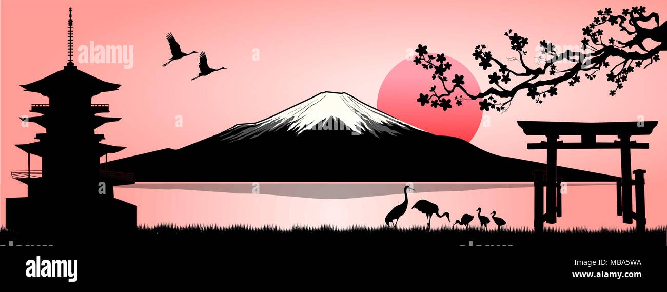 La montagne Fuji Silhouette au coucher du soleil. Paysage, le Mont Fuji. Le Mont Fuji sur fond rose. Illustration de Vecteur