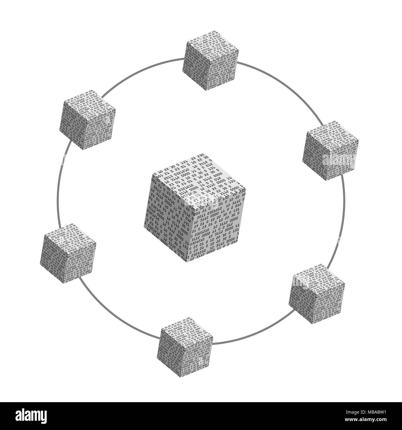 Blockchain numérique illustration avec un bloc principal au centre et six autres autour. Banque D'Images