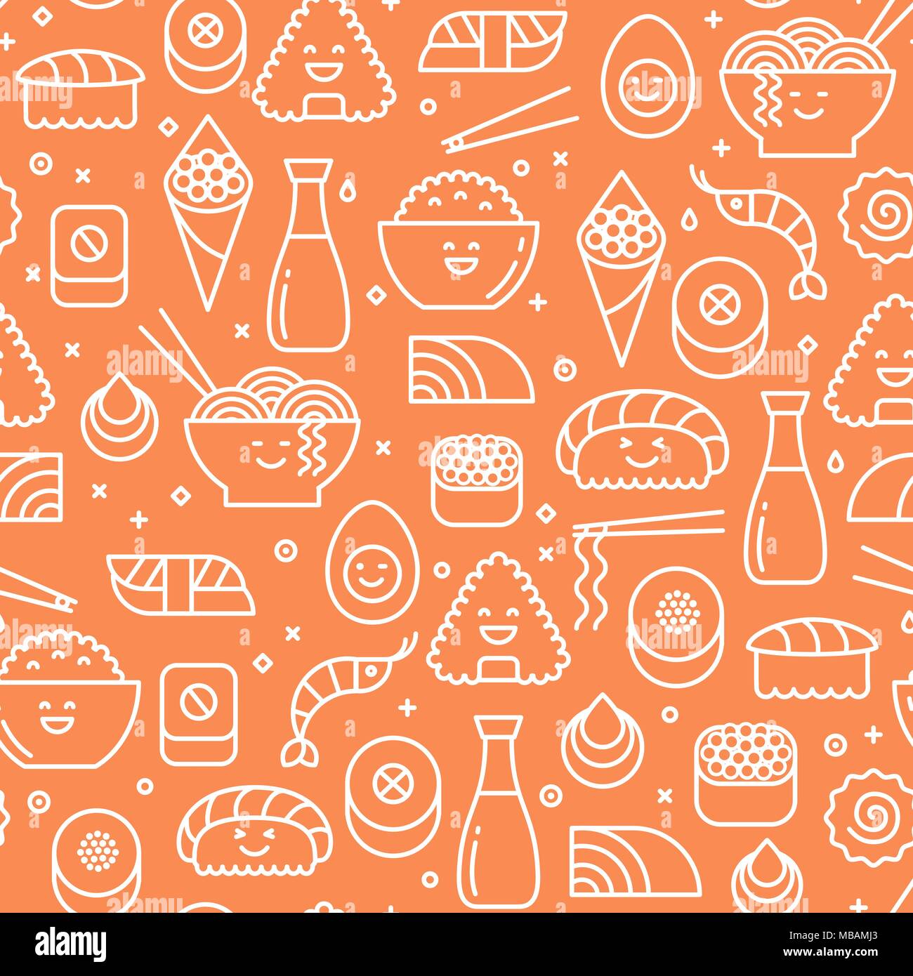 Vector orange brillant avec motif transparent alimentaire japonais comme le sushi, rouleaux et les crevettes. Icônes de ligne sur bold arrière-plan. Illustration de Vecteur