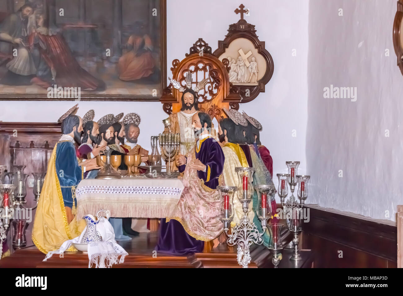 Scène représentant le dernier repas de Jésus Christ avec ses apôtres dans une église à Tenerife, Espagne Banque D'Images