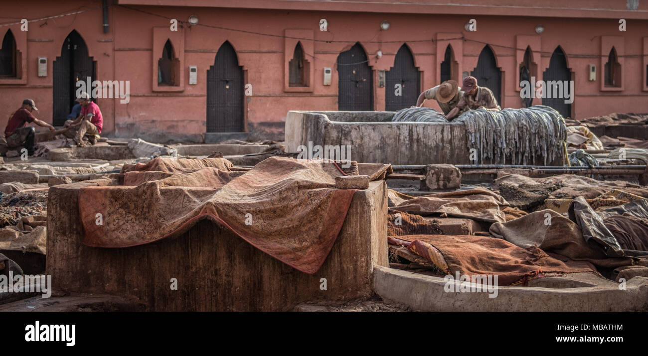 Une vue panoramique de la tannerie à Marrakech, Maroc. Les hommes travaillent dans des cuves de produits chimiques en cuir dans la tannerie. Banque D'Images