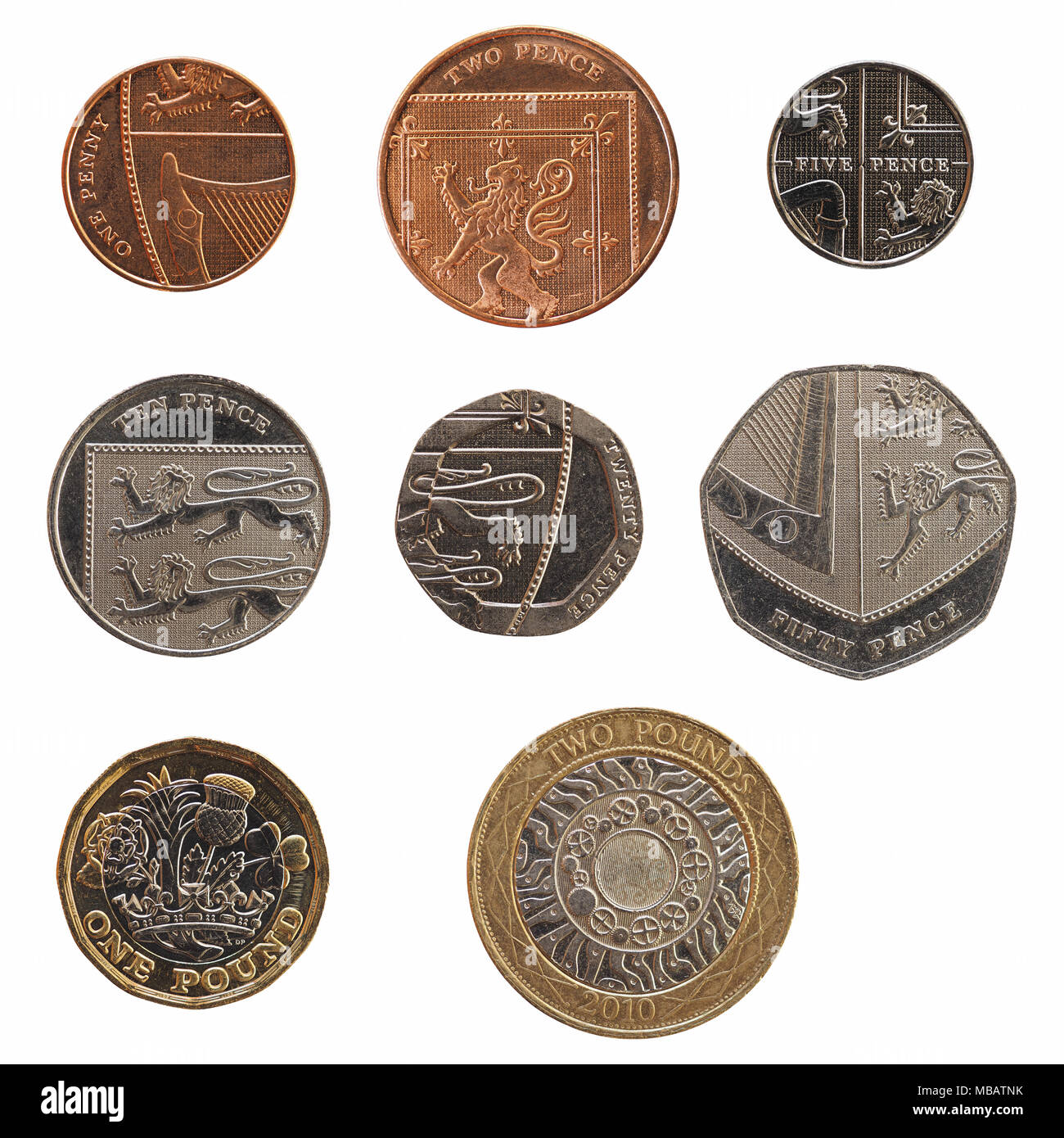 Gamme complète de pièces d'argent britannique (GBP), monnaie de France, à partir de 1 centime à 2 livres isolated over white background Banque D'Images