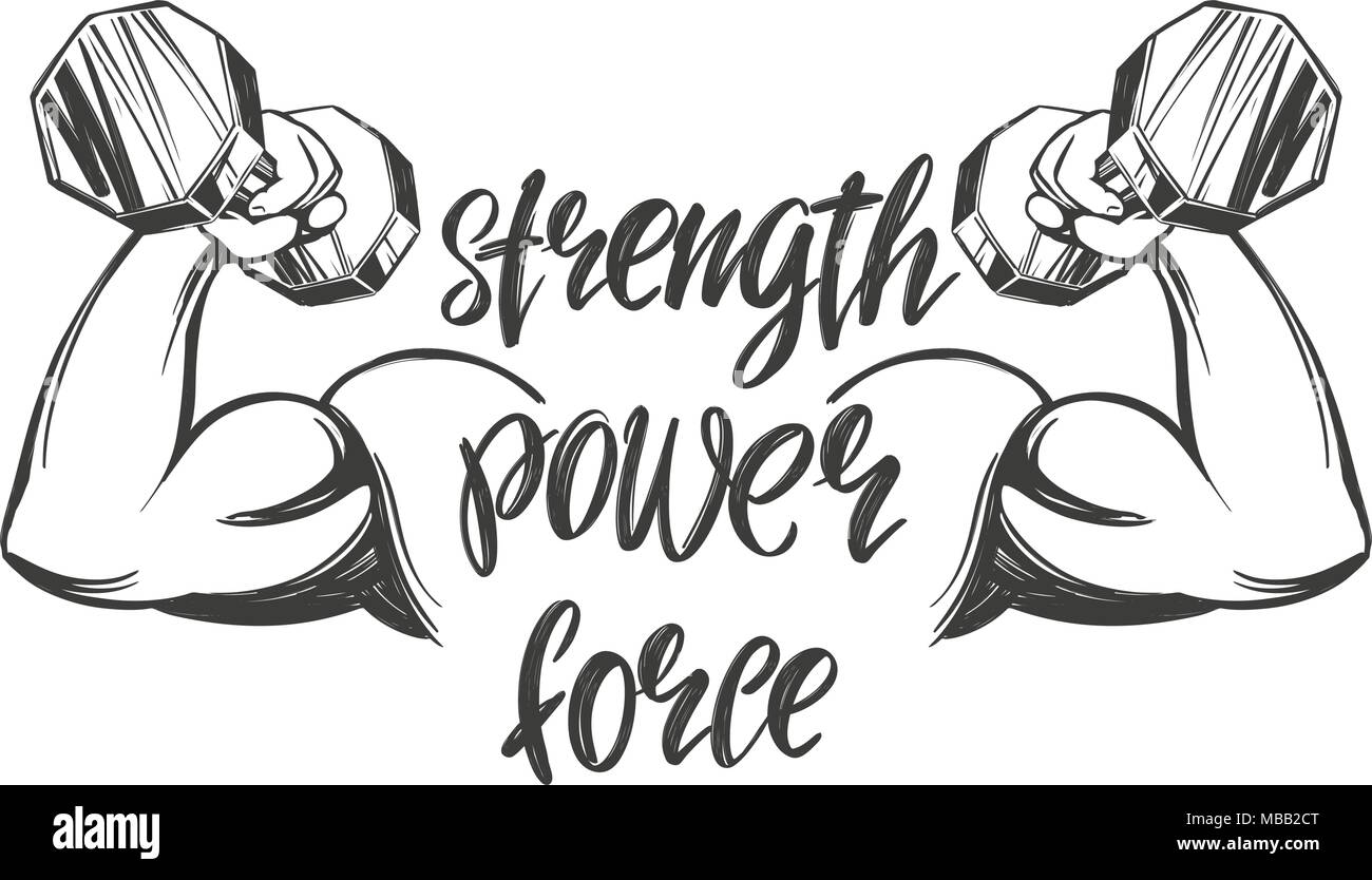 Bras, biceps, forte main tenant un haltère, icône symbole texte calligraphique caricature hand drawn vector illustration croquis Illustration de Vecteur