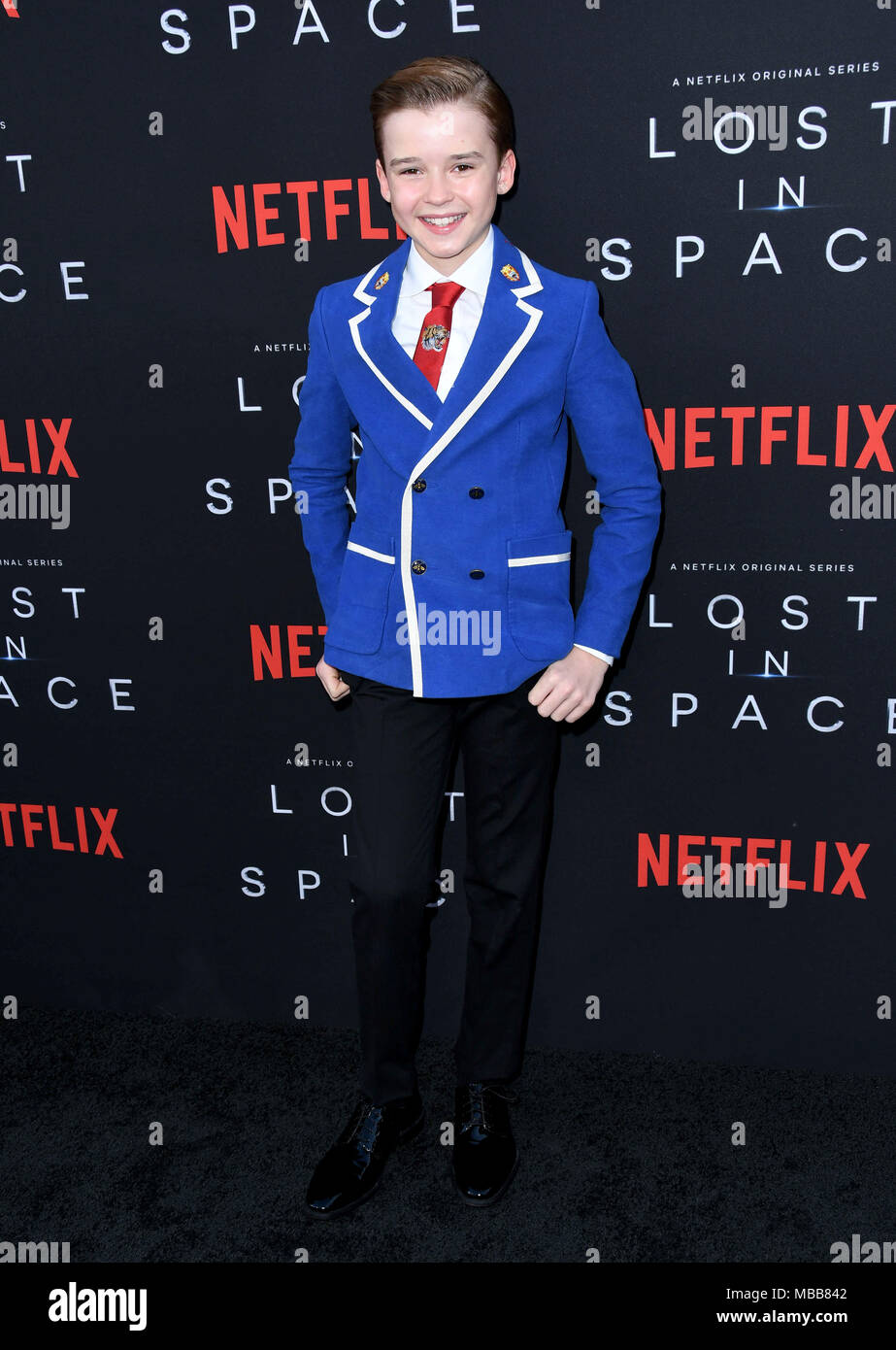 Hollywood, CA, USA. Apr 9, 2018. Maxwell Jenkins. L'NETFLIX ''Perdu dans l'espace'' Saison 1 Premiere événement tenu au Arclight Cinerama Dome d'Hollywood. Credit : Birdie Thompson/AdMedia/ZUMA/Alamy Fil Live News Banque D'Images