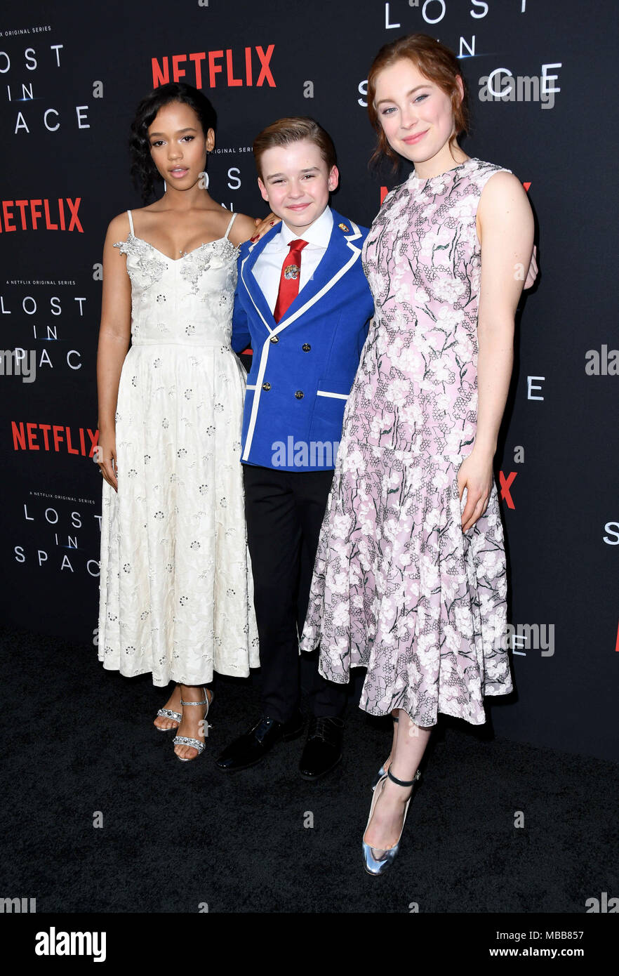 Hollywood, CA, USA. Apr 9, 2018. Russell Taylor Maxwell, Jenkins, Mina Sundwall. L'NETFLIX ''Perdu dans l'espace'' Saison 1 Premiere événement tenu au Arclight Cinerama Dome d'Hollywood. Credit : Birdie Thompson/AdMedia/ZUMA/Alamy Fil Live News Banque D'Images