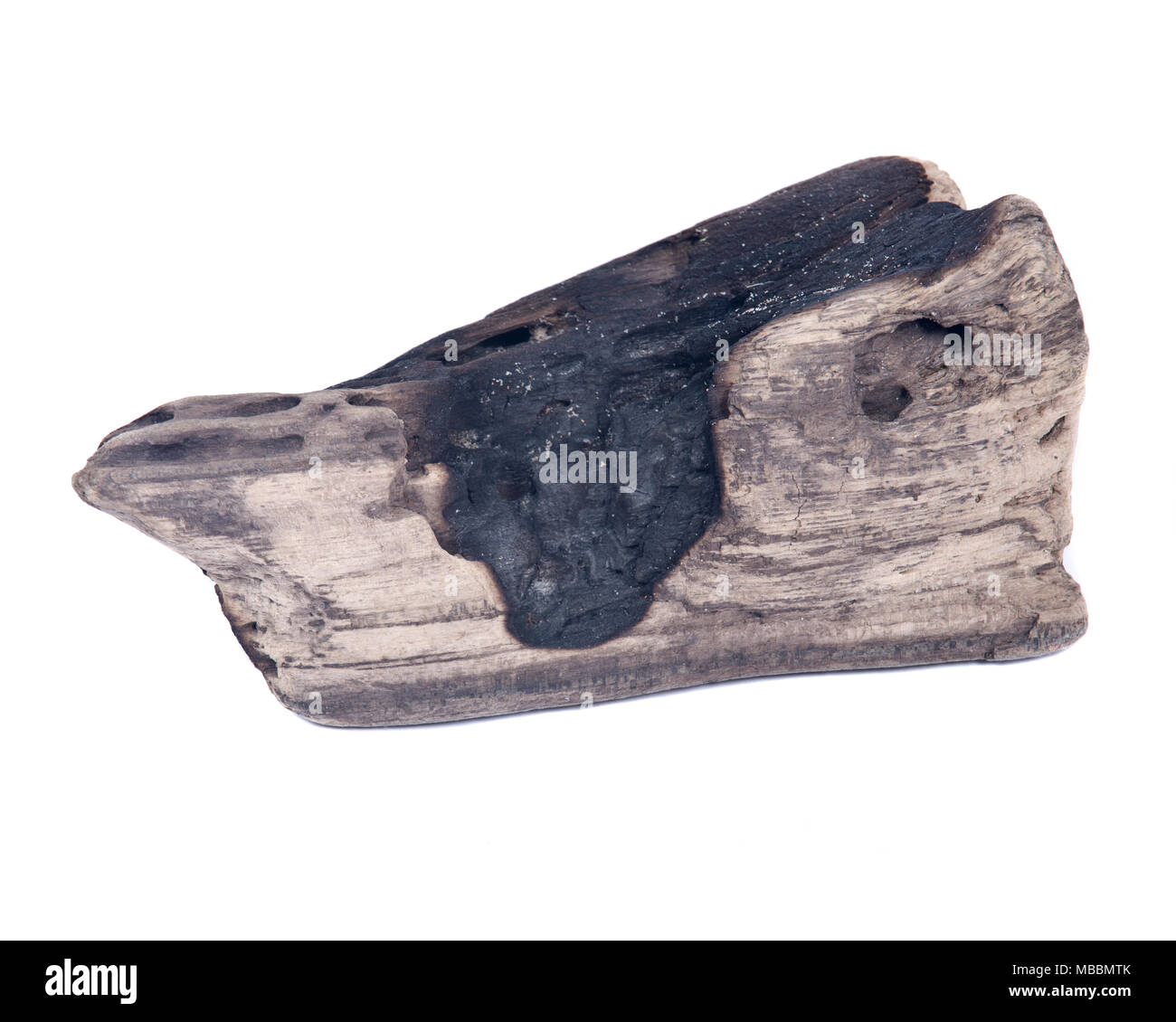 En partie brûlée morceau de bois carbonisé de la plage isolé sur fond blanc Banque D'Images
