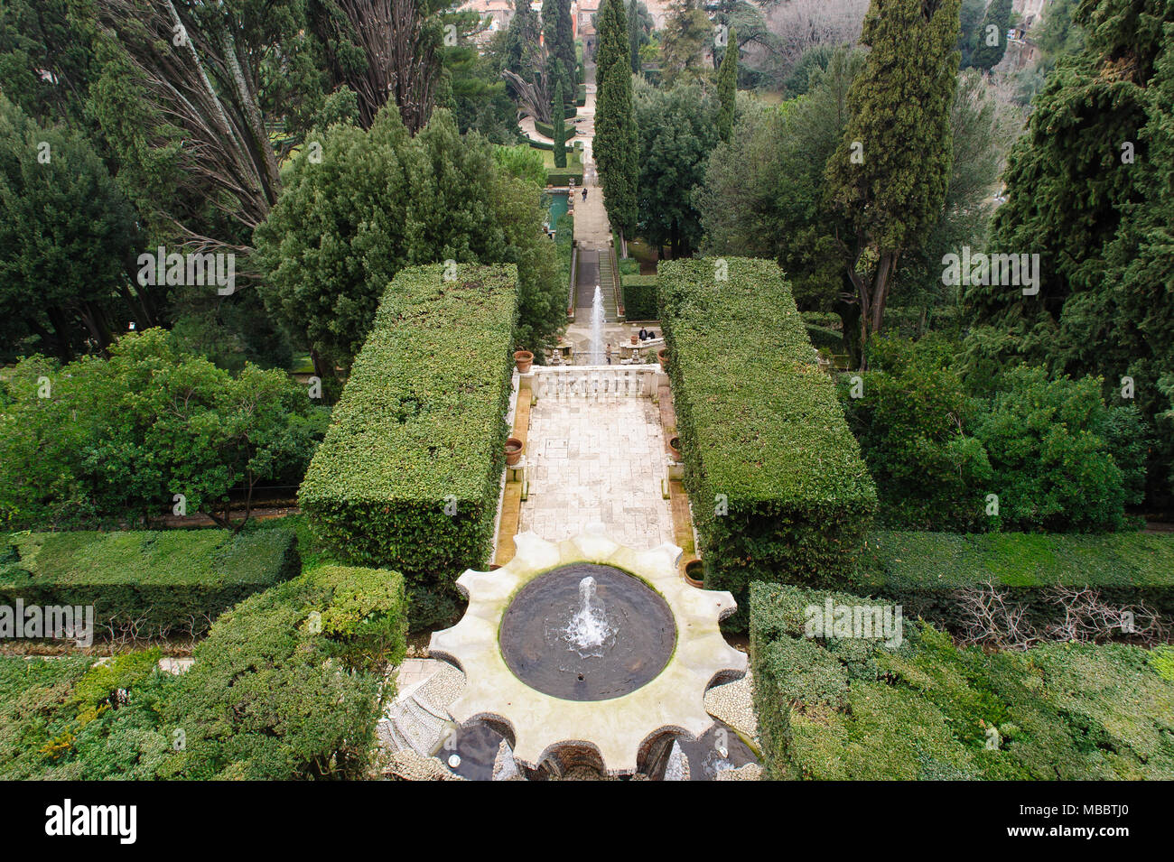 TIVOLI, ITALIE - janvier 28, 2010 : Avis de la Villa d'Este à Tivoli, près de Rome, Italie. Il est célèbre pour ses fontaines anciennes au jardin. Banque D'Images
