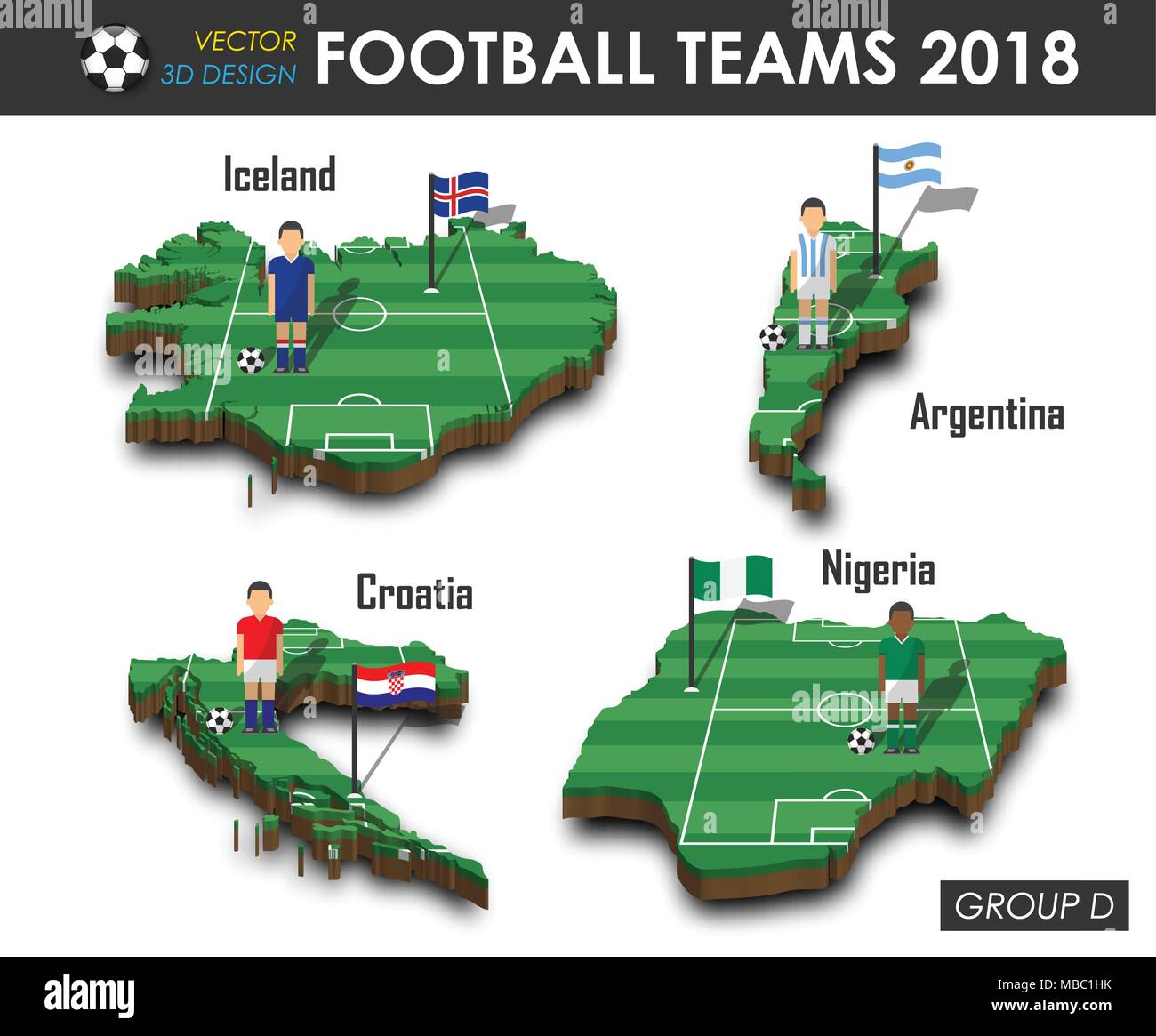 Les équipes de soccer national 2018 du groupe D . Joueur de football et d'un drapeau sur la conception 3D Carte pays . fond isolé . Vecteur de champion du monde international Illustration de Vecteur