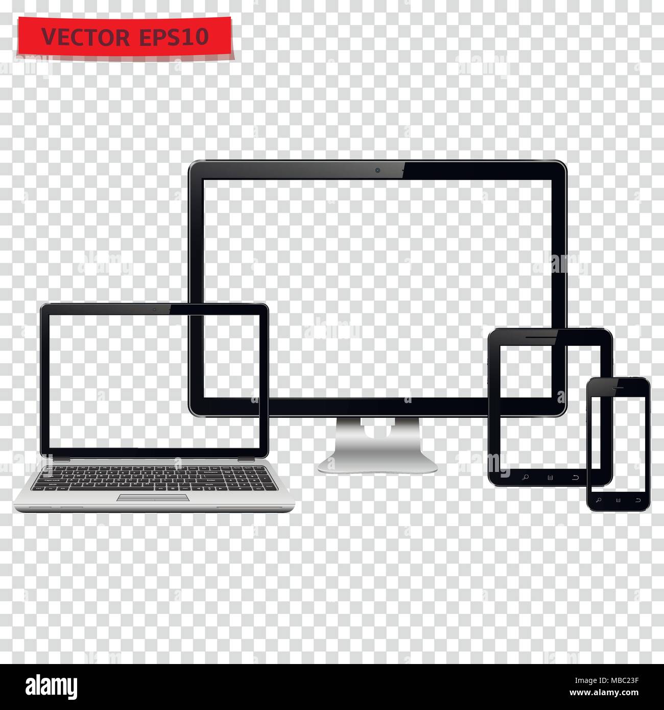 Ordinateur de bureau, ordinateur portable, tablette et téléphone mobile avec la transparence. Vector illustration. Illustration de Vecteur