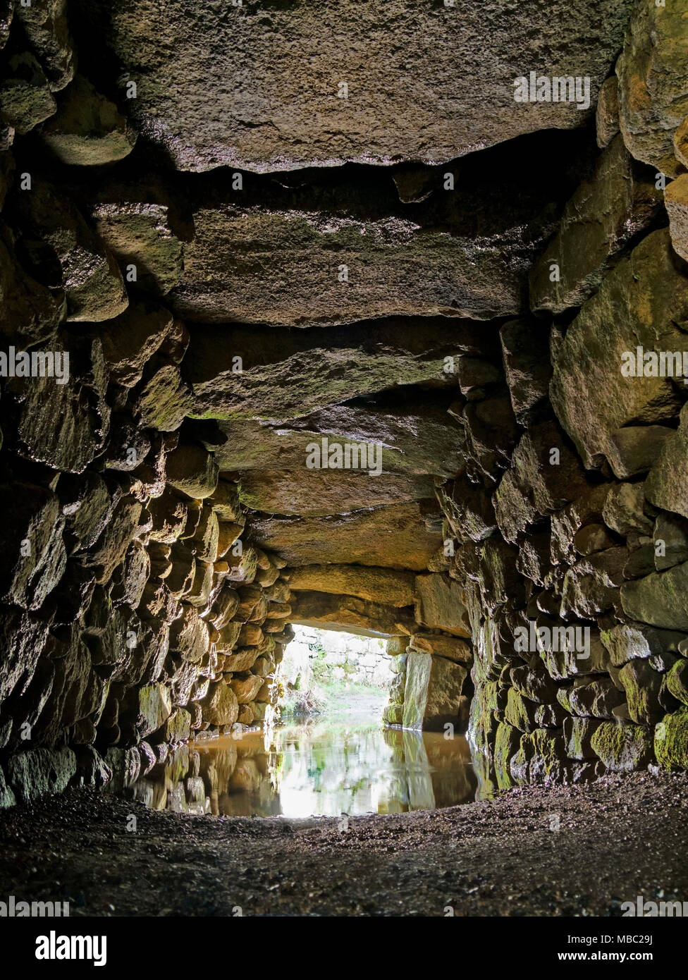 Carn Euny (Chapeluni Hendre Fogou) âge du fer ancien tunnel souterrain bordé de pierres / passage, Sancreed, Cornwall, England, UK. Banque D'Images