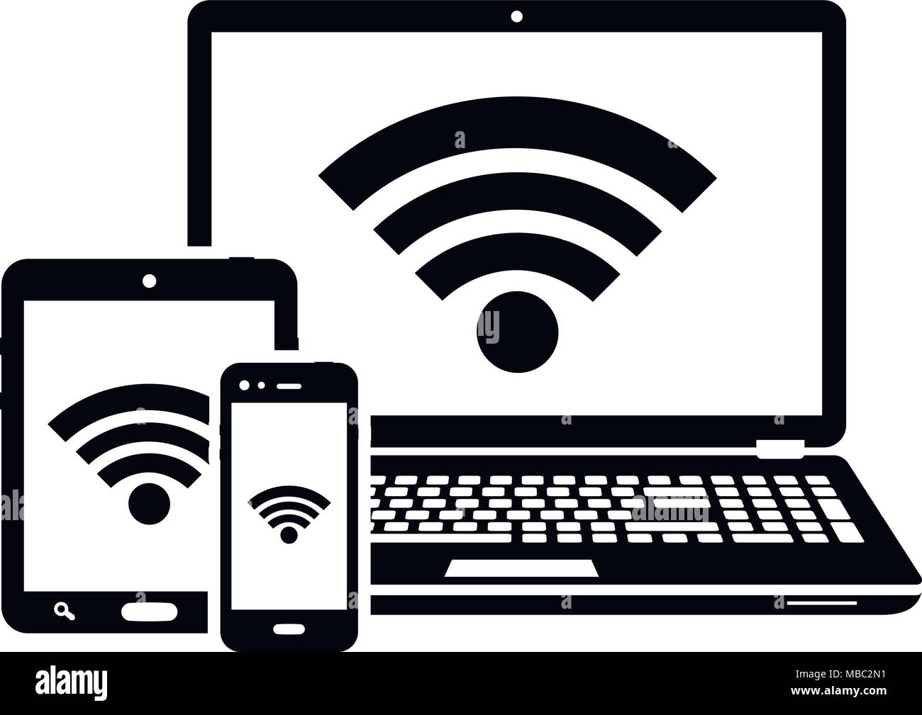 Ordinateur portable, tablette et smartphone icons avec connexion internet wifi symbole. Vector illustration. Illustration de Vecteur